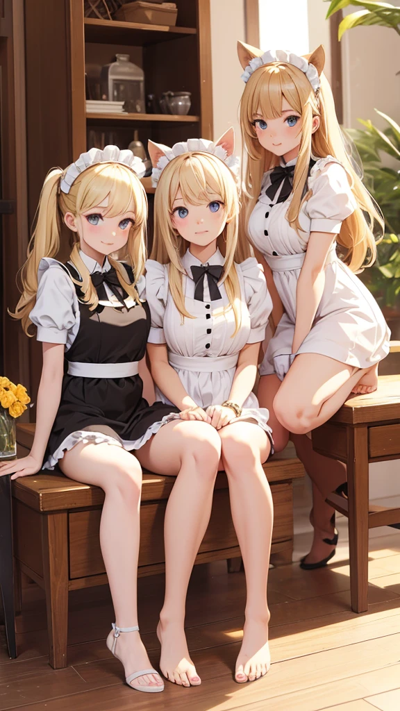 masterpiece, best quality, 1girls, sit on sofa, sun light, lobby, window, flower, (Washitsu background),uncensored, vaginalsex, (cowgirl position:1.1), twintails, blonde hair, very long hair, blue dress, pleated skirt, small breasts, knee high stockings, wear half ribbon panties on leg, fang, full bodys, spread_legs,