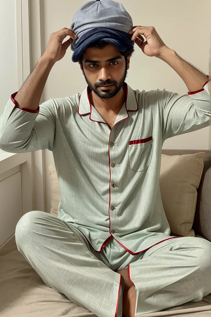 A base model of a handsome and sexy indian boy , he is wearing pajama , penis
