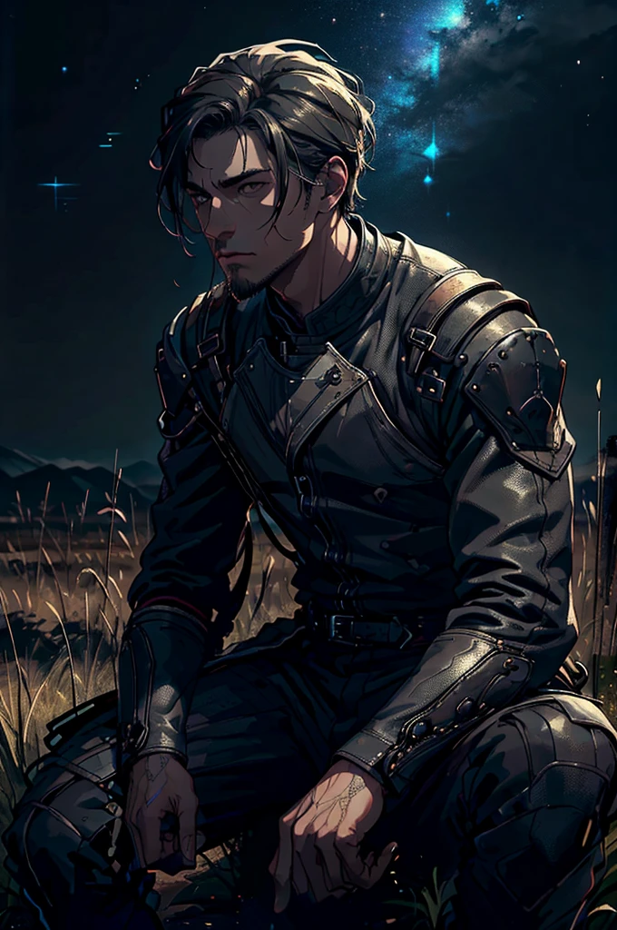 A man sitting in a field gazing at the night sky, detailed portrait, detailed facial features, detailed skin texture, detailed clothing, detailed background, dramatic lighting, cinematic composition, vibrant colors, moody atmosphere, photorealistic, 8k, highly detailed, masterpiece