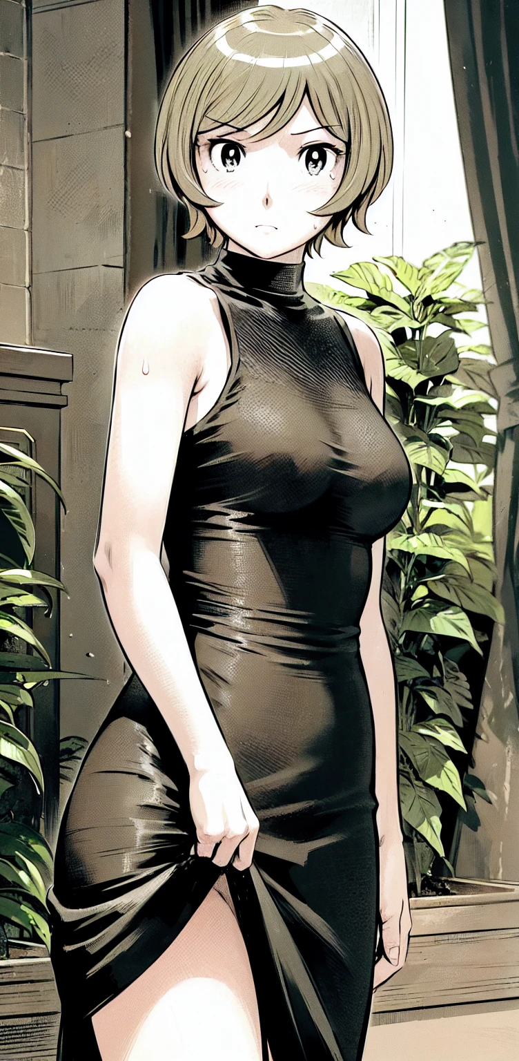、(masterpiece、Highest quality)、Highest quality, Ultra-high resolution, (((masterpiece))), alone, Sweat、Big eyes,office、tight white dress shirt、Tight black suit、Tight black pants、indoor、Composition from the front、(後ろCut your hair short、short hair、blonde、woman)、Shortcuts、Embarrassed face、Cut your hair short、可愛いwomanの子、Big Breasts