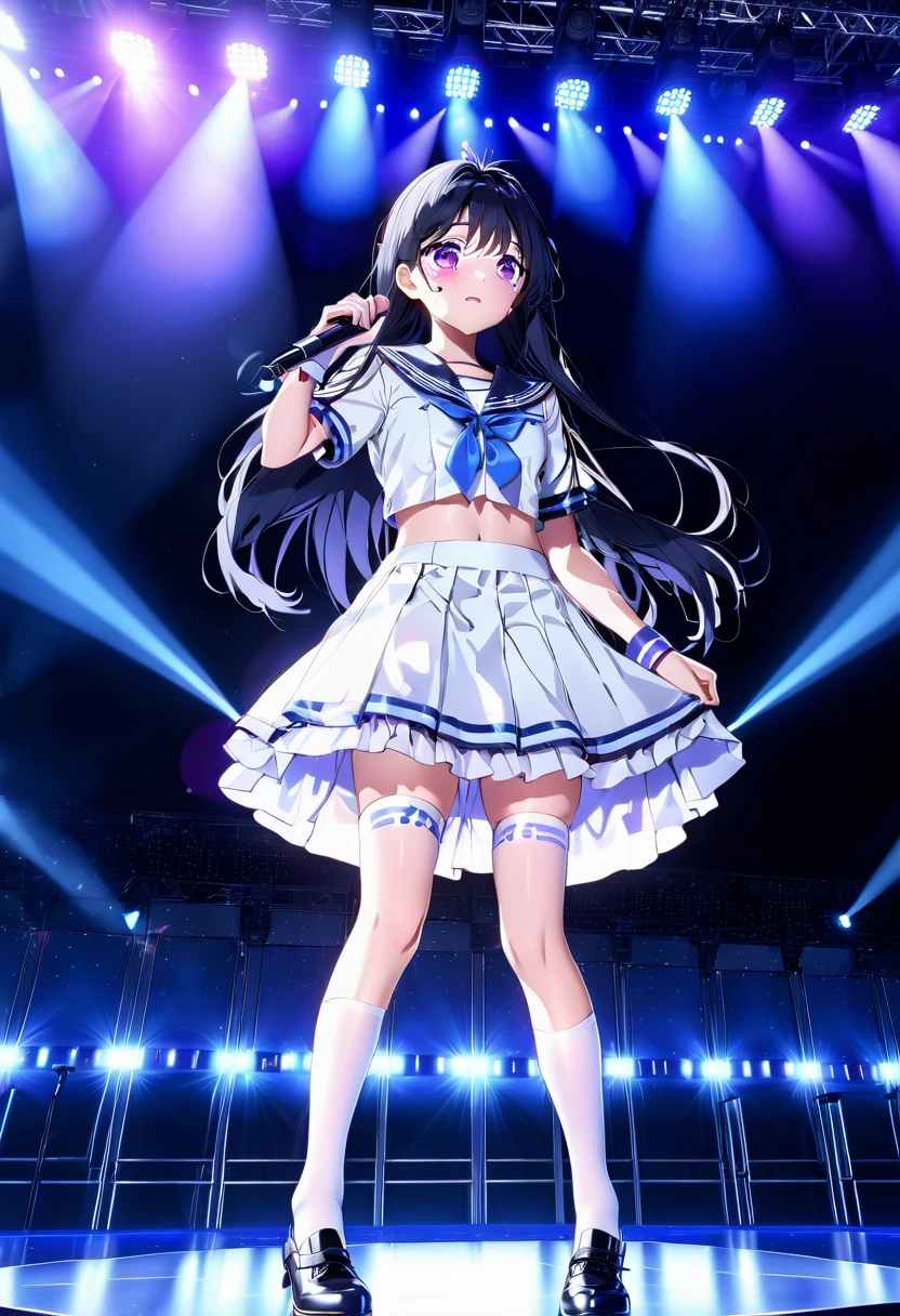 Idol Stage, Idol Dress, beautiful, Very detailed, masterpiece, Highest quality, Tyndall effect, light, Stage lighting, Long black hair high school girl、Purple eyes、Sailor suit, Knee socks, on stage, look up, Light Scattering, Volumetric lighting, Spotlight, light, atmosphere, Octane Rendering, 8K