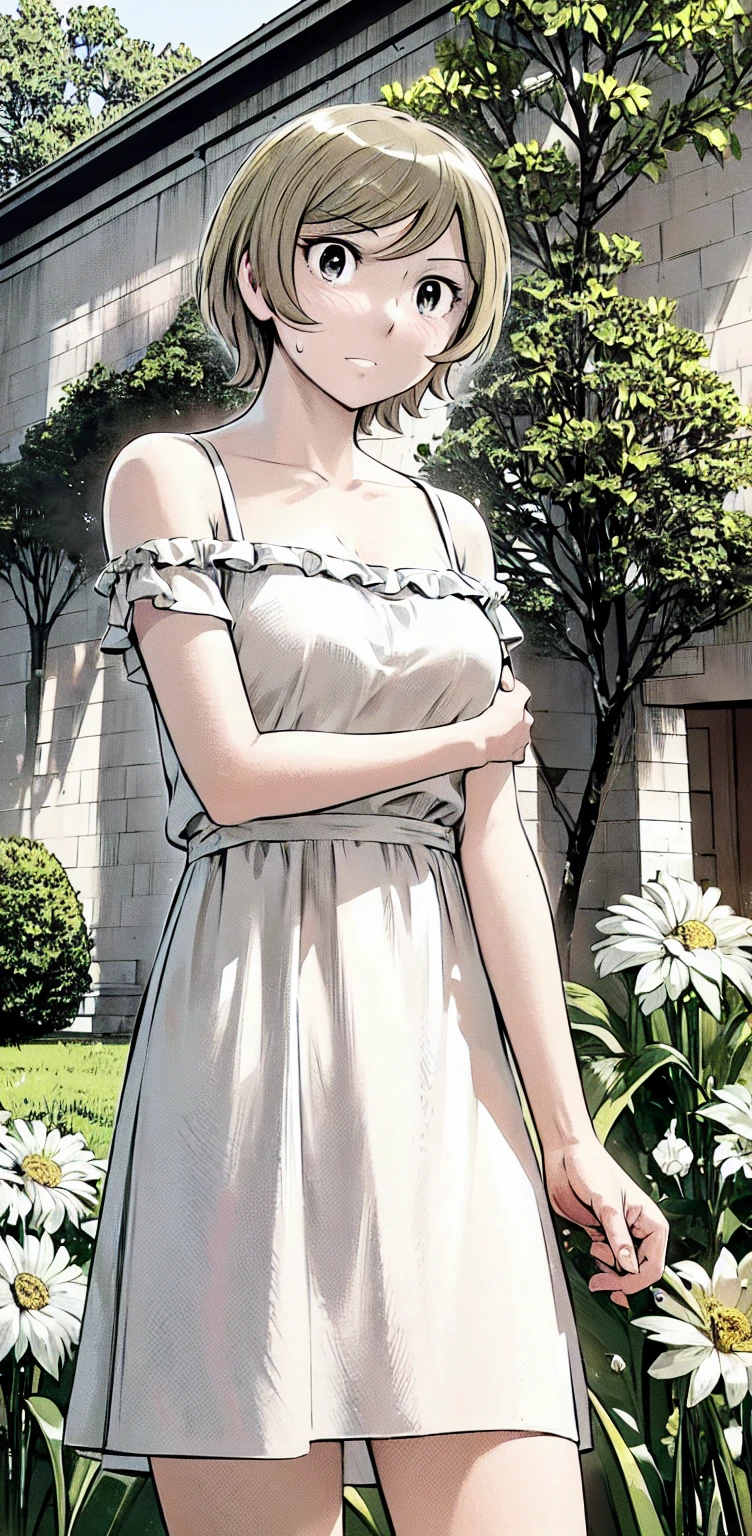 、(masterpiece、Highest quality)、Highest quality, Ultra-high resolution, (((masterpiece))), alone, Sweat、Big eyes,Show Viewer,
blonde,(short hair:1.2), (Highest quality:1.3),One Girl,Private Server、Floral dress、nature、Off the shoulder、Embarrassed face