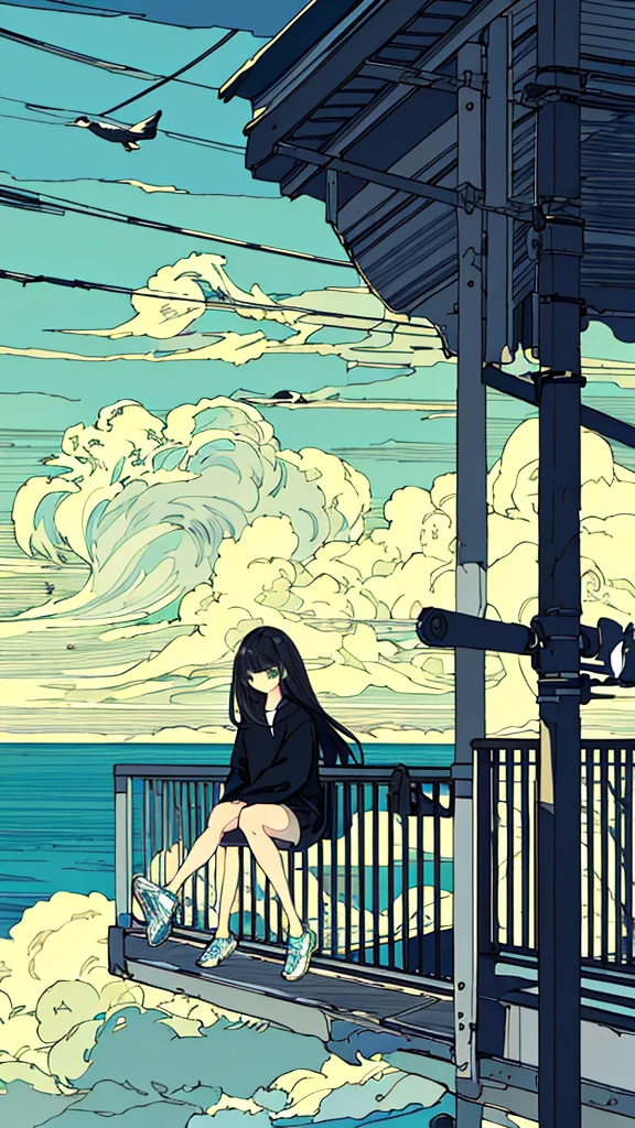 masterpiece, Exquisite detail,Highest quality, One girl, alone, handrail, cloud, Sitting, Outdoor, whale, Long Hair, shoes, null, Long sleeve, sneakers, Power lines, White footwear, Black Hair, View your viewers, Electric pole, bangs, cloudy null, fish, bird, Green Eyes, Shorts, animal, Day, Black Shirt, barefoot