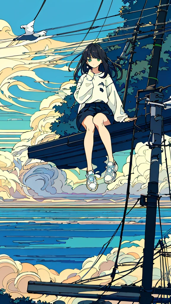 masterpiece, Exquisite detail,Highest quality, One girl, alone, handrail, cloud, Sitting, Outdoor, whale, Long Hair, shoes, null, Long sleeve, sneakers, Power lines, White footwear, Black Hair, View your viewers, Electric pole, bangs, cloudy null, fish, bird, Green Eyes, Shorts, animal, Day, Black Shirt, barefoot