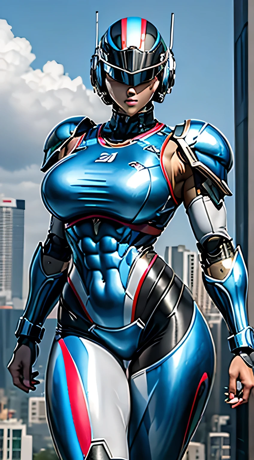Female Robocop Solo、Bright outdoors、strong light source、8K, high quality, masterpiece, 最high quality, Crisp contrast、Very detailed、Full body armor、Very large armor、Helmet covering the head、Clear photos、His eyes are hidden by thin straight goggles:1.3、The lower half of the face is raw々Shii:1.5、The lower half of the face is exposed、Seductive lips、Rainbow and sky blue metallic armor、Armor that completely covers the chest、Long, slender legs、Vibrant Posselo Body View,Big and ample breasts:1.5, (Sports Body:1.5)、Five Fingers、Hold a handgun、In the city