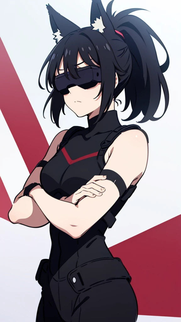 (1girl,20 years old),solo,angry,black hair,ponytail hair,short hair,fox ears,black bodysuit,(white background,line drawing),from front,crossed arms,head-mounted display