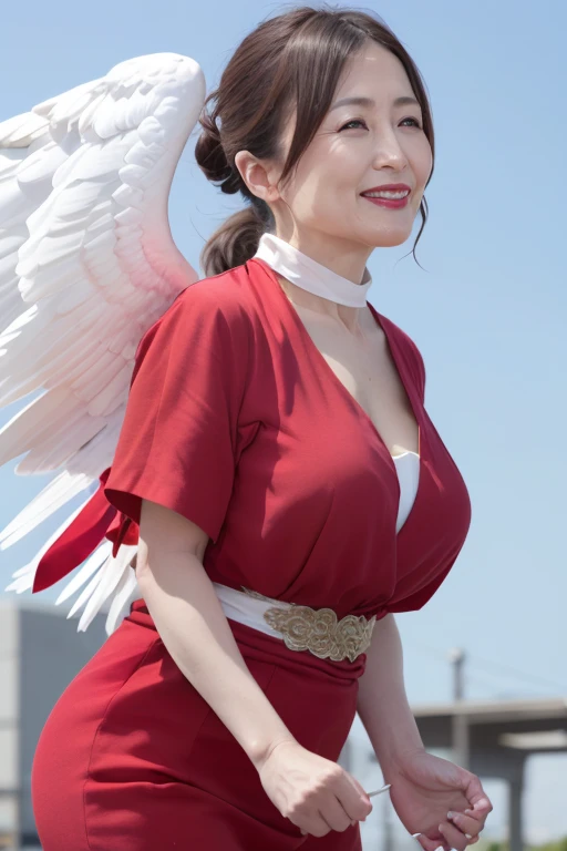 55 year old beautiful mature japanese woman, married woman, slender lines, long eyelashes, red eyes, low ponytail, red lipstick, large bust, angelic outfit, wings, floating, flying, sky, blue sky