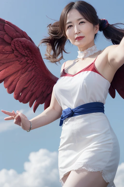 55 year old beautiful mature japanese woman, married woman, slender lines, long eyelashes, red eyes, low ponytail, red lipstick, large bust, angelic outfit, wings, floating, flying, sky, blue sky