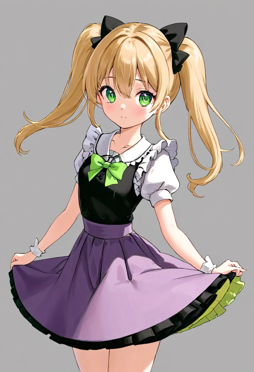 A cartoon girl with blond hair and green skirt,Wearing a maid outfit,A bow around the neck,Purple Eyes,There is a green bow on the single ponytail,Black ballet shoes,Cross your hands in front of you
