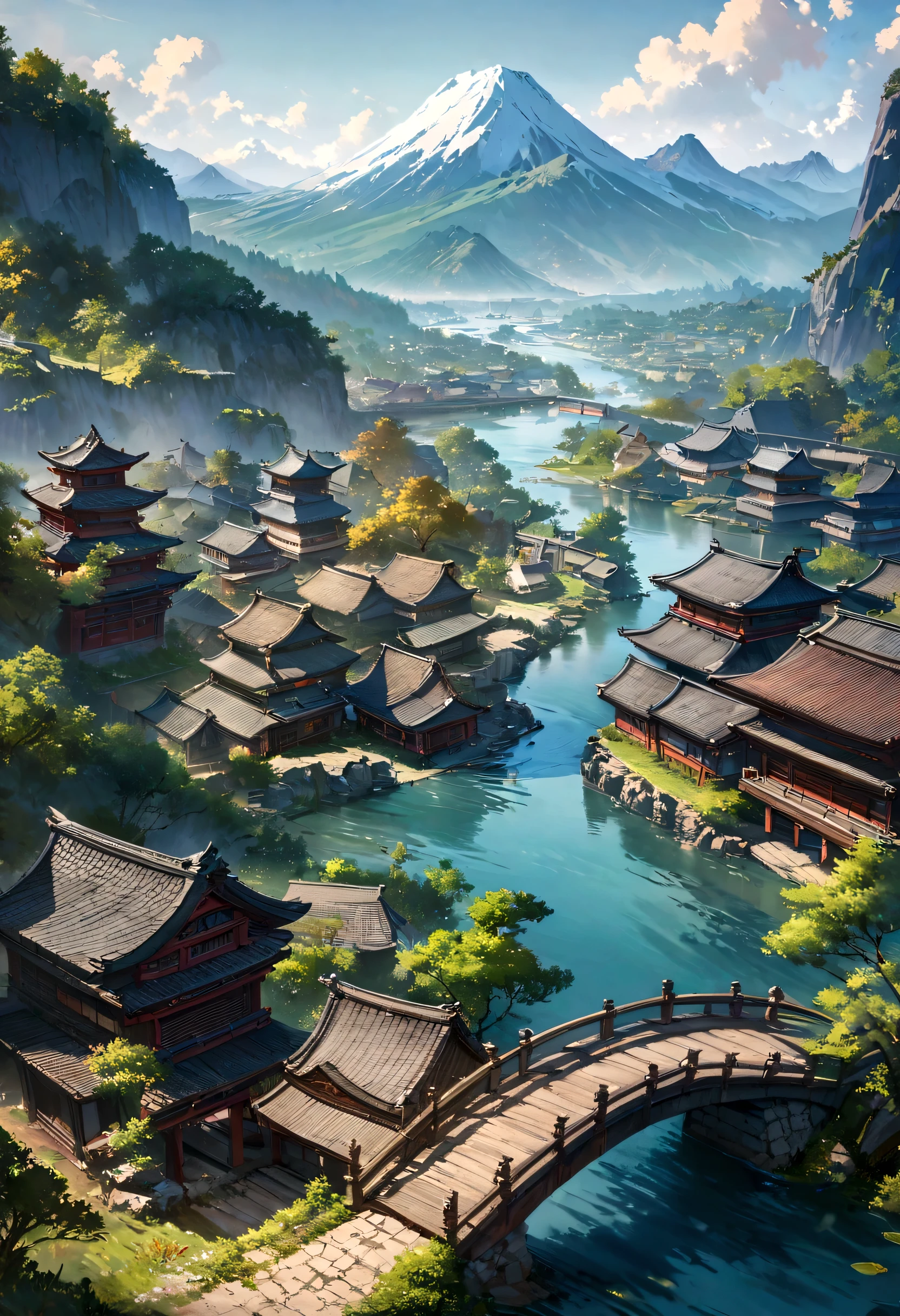 There is a bridge across the river in the painting,A mountain in the background, An art painting inspired by Yoshida Hanbei, Artstation Contest Winners, Fantasy Art, Detailed scenery —width 672, Detailed 4k, Landscape Artwork, Beautiful art UHD 4K, 4K detail art, Japanese Landscape, Japanese Village, Landscape Art Detail