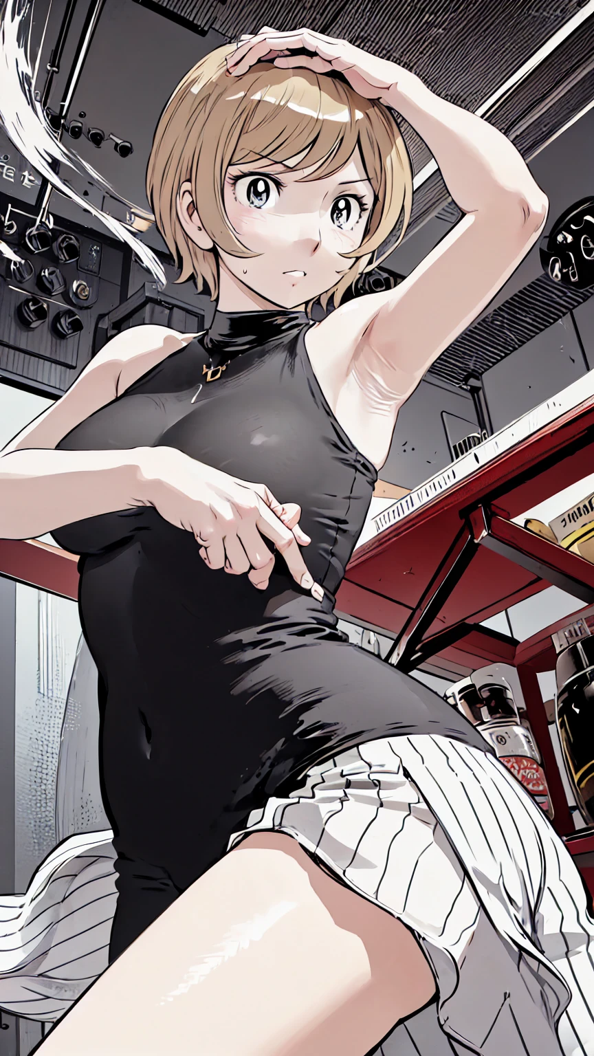 、(masterpiece、Highest quality)、Highest quality, Ultra-high resolution, (((masterpiece))), alone, Sweat、Big eyes,Please raise your arms and show your armpits, No sleeve、indoor、one piece、Composition from the front、(Cut the back hair short、short hair、blonde、woman)、Shortcuts、Embarrassed face、Cut your hair short、可愛いwomanの子、Big Breasts