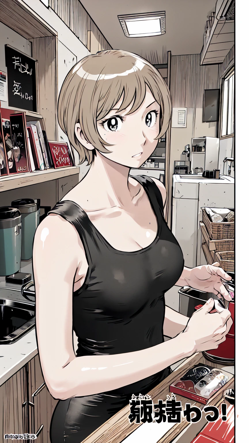 、(masterpiece、Highest quality)、Highest quality, Ultra-high resolution, (((masterpiece))), alone, Sweat、Big eyes,Please raise your arms and show your armpits, No sleeve、indoor、one piece、Composition from the front、(Cut the back hair short、short hair、blonde、woman)、Shortcuts、Embarrassed face、Cut your hair short、可愛いwomanの子、Big Breasts