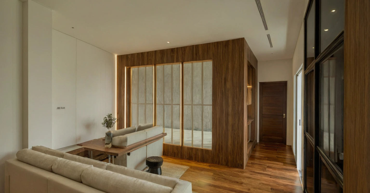 Raw photo, Masterpiece, high quality, best quality, authentic, super detail, interior, indoors,  style Indochine modern, minimalist line, wooden, walnut veneer wood, led light, white paint wall, sofa, daylight, atrium, LIVING ROOM, PEN HOUSE, piano, japan style, wasabi style, Jen style
