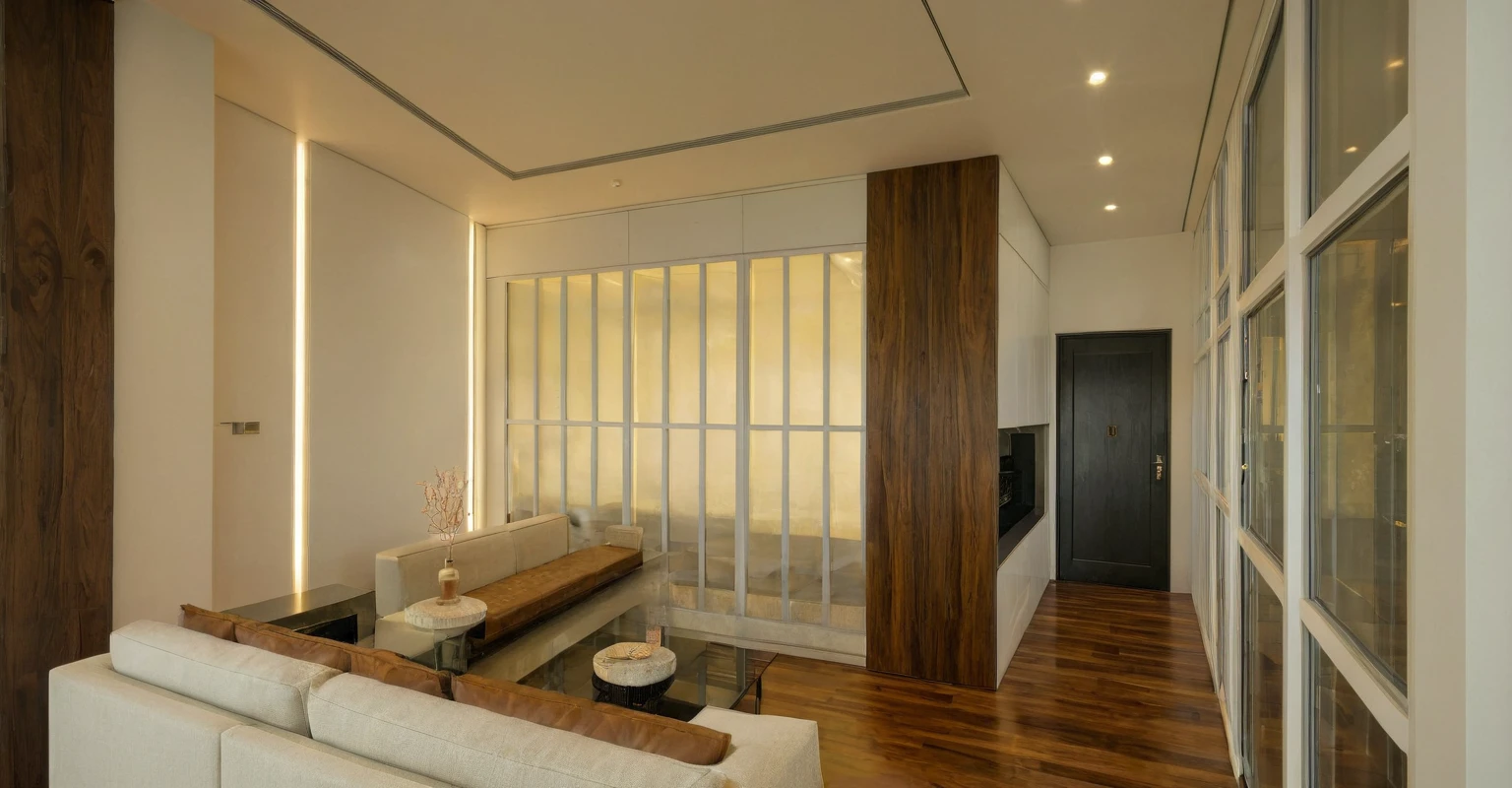 Raw photo, Masterpiece, high quality, best quality, authentic, super detail, interior, indoors,  style Indochine modern, minimalist line, wooden, walnut veneer wood, led light, white paint wall, sofa, daylight, atrium, LIVING ROOM, PEN HOUSE, piano, japan style, wasabi style, Jen style