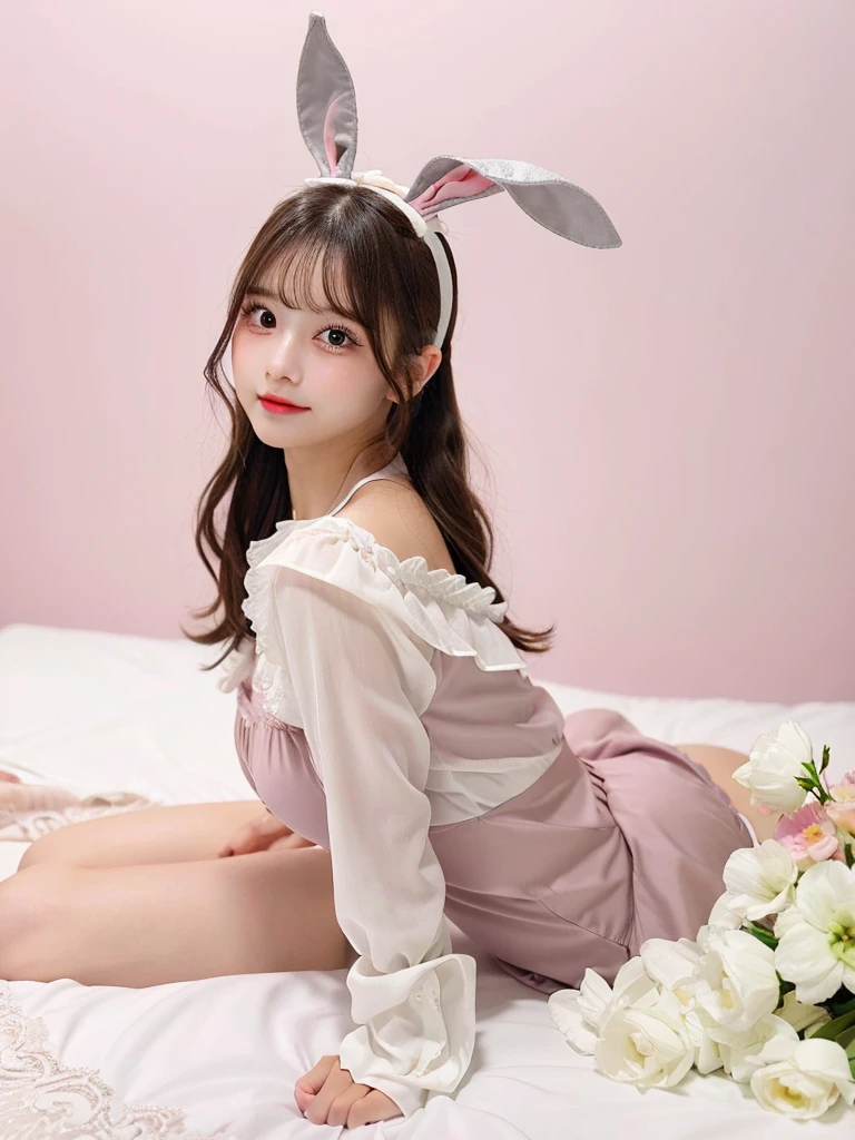 （8K、high resolution、High resolution、Fine details）Beautiful eyelashes、High resolutionの顔、Zoom out、18 years old、 Beautiful detailed eyes、Random cute hairstyles、C cup breasts、Rabbit eared headband、bunny