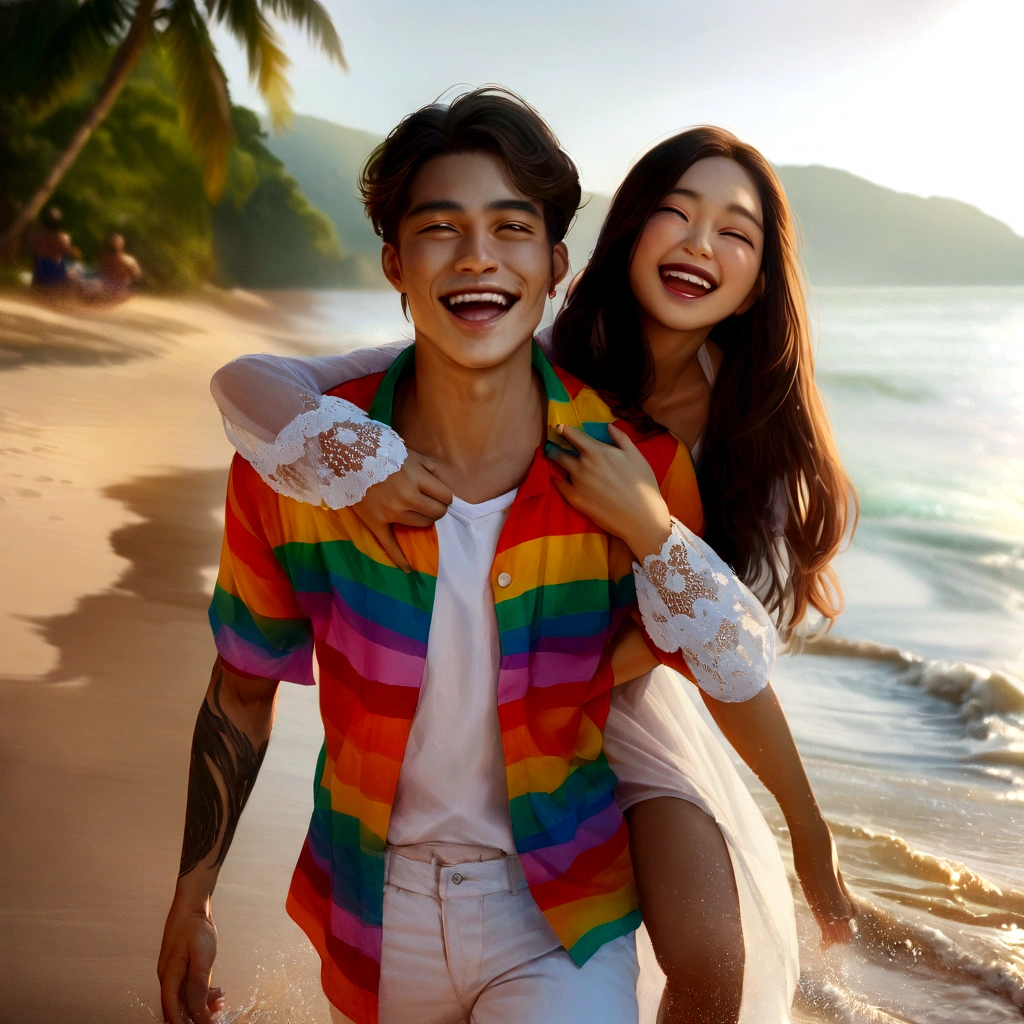 A young Malay man with wearing a rainbow shirt beach and white jeans, is playing in the water at the beach with a long-haired Asian woman wearing a white dress beach color rainbow. It's daytime, with clear sunny weather and a sunset. They both have cheerful expressions. The photo is very realistic, cinematic, detailed, and in 8K UHD resolution.