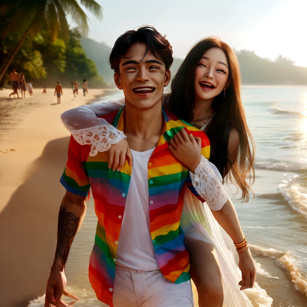 A young Malay man with wearing a rainbow shirt beach and white jeans, is playing in the water at the beach with a long-haired Asian woman wearing a white dress beach color rainbow. It's daytime, with clear sunny weather and a sunset. They both have cheerful expressions. The photo is very realistic, cinematic, detailed, and in 8K UHD resolution.