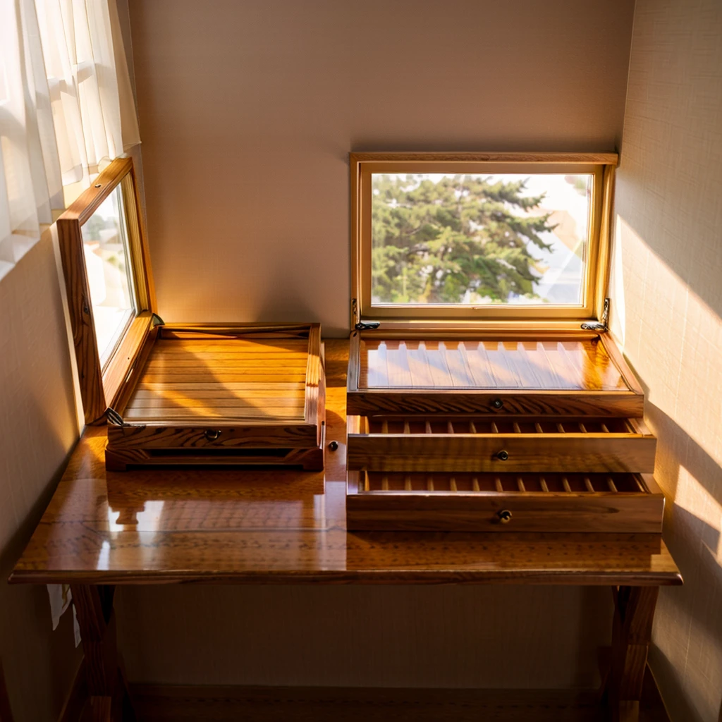 In this cozy room,A ray of sunlight shone on the table through the half-drawn curtains,Let the wood grain on the watch storage case shine with a faint sheen。There is a calm and serene atmosphere in the surrounding air。Several still lifes hang on the walls of the room,It adds a touch of elegance to the space。And on the other side of the room,A half-open window lets the breeze blow in,The pages on the small desk by the window flipped in the wind,This quiet scene gives a sense of tranquility and comfort。