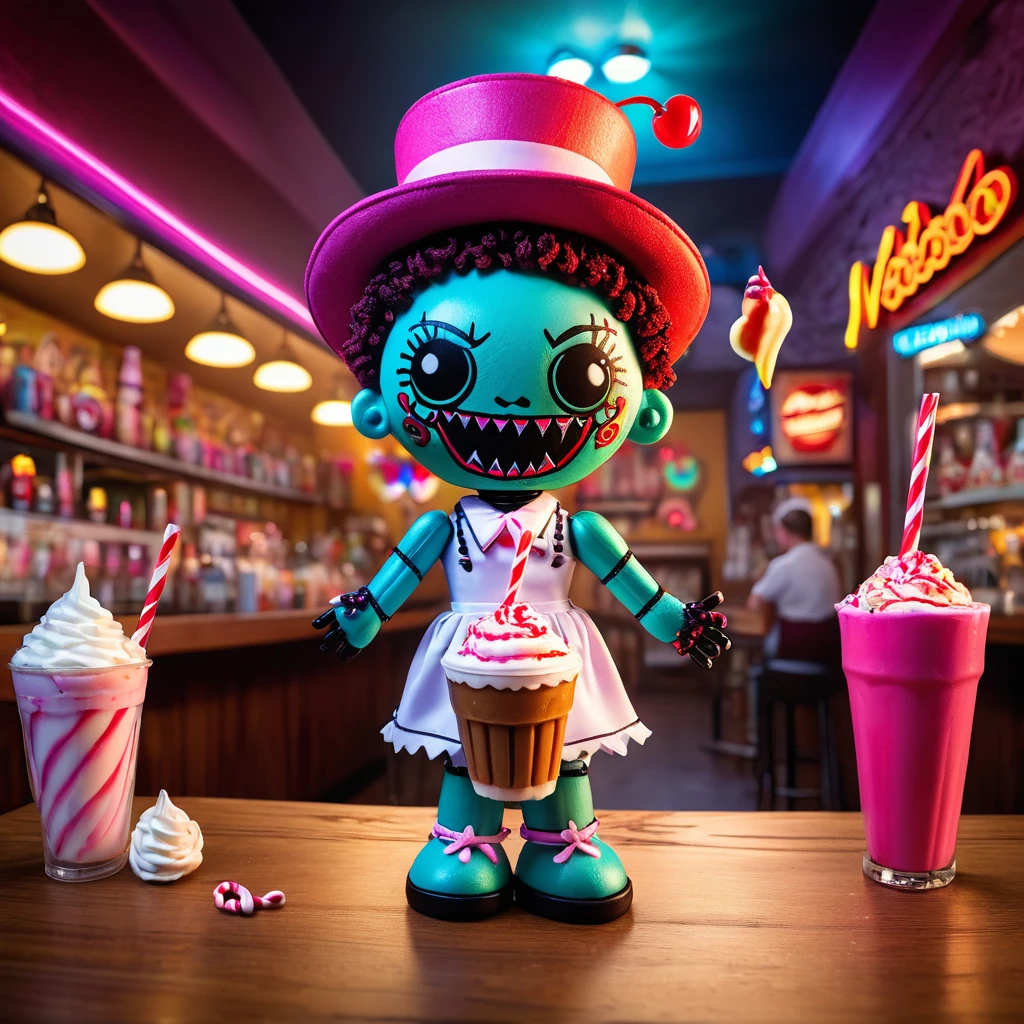 (knitted toy voodoo doll:1.7), (Voodoo Milkshake Minister:1.3), (Clothing: milkshake-themed outfit with straw designs:1.0), (Accessories: glowing milkshake cup, magical whipped cream can, enchanted cherry hat:1.2), (Background: vibrant soda fountain with colorful milkshake flavors, sparkling blenders, and joyful customers:1.2), (full body:1.0), best quality, masterpiece, detailed soft oil painting, detailed background, dramatic cinematic lighting, soft edge lighting, professional, dramatic lighting, hard edge lighting, ultra quality, 4k,masterpiece, best quality, 8k, ultra highres, highres, extremely detailed