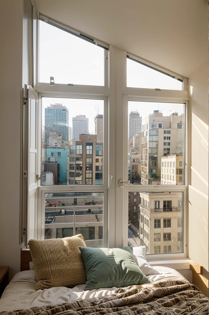 A warm and cozy bedroom with large windows at the City in morning