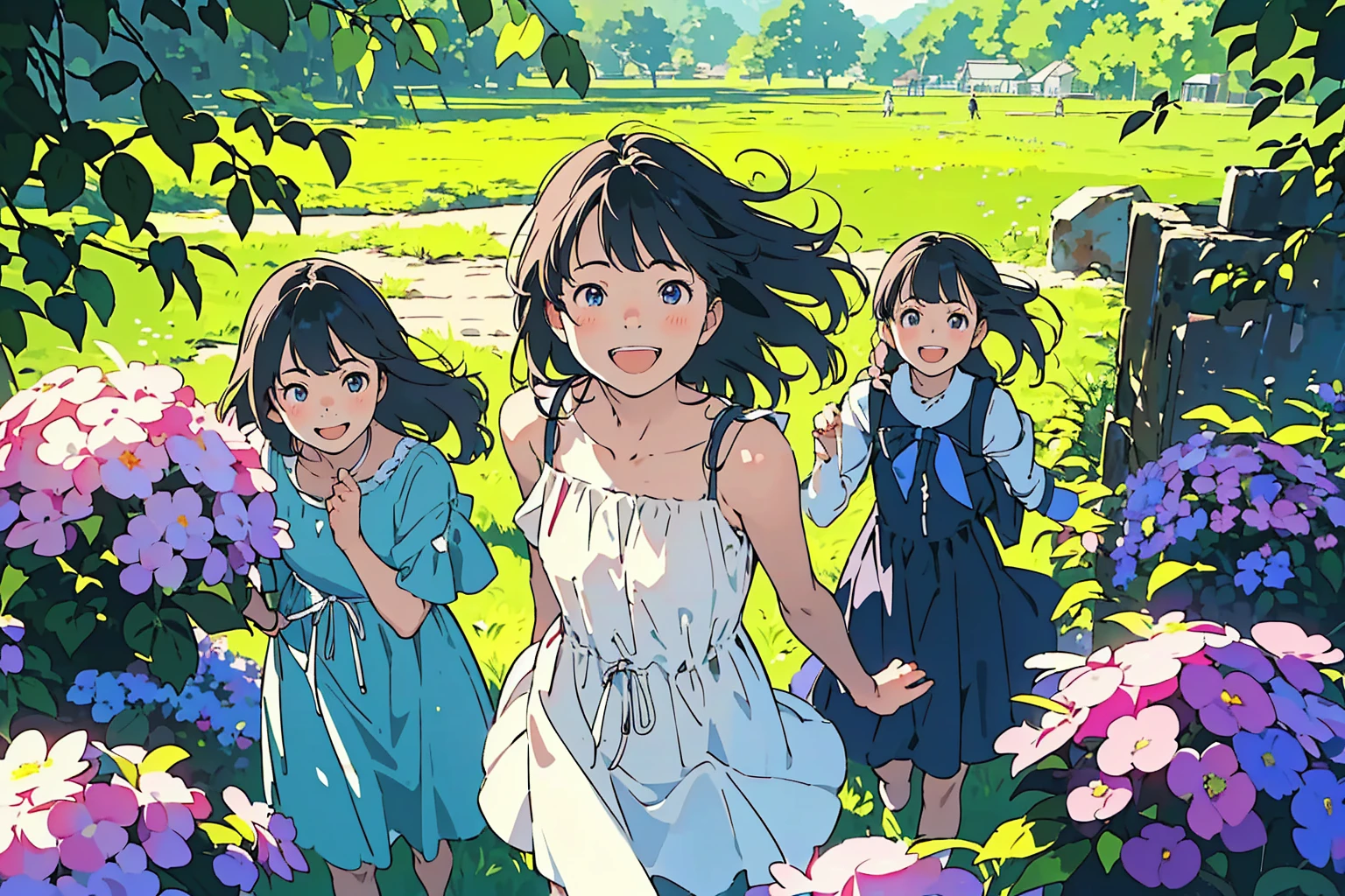 Reasonable design, Clear lines, High Sharpness, (Highest quality,8K,Perfect sharpness,Ultra fine,High resolution,masterpiece:1.2), Perfect Anatomy:1.5, Official Art, Illustrations that tell a story, (Whitish background:0. 9)、Body Positivity、多Mr.な身体表現、(Random and energetic poses)、Perfect beauty、Perfect beautiful face、Strong winds、A rich expression、Dynamic composition、smile、Golden ratio composition、colorful、((Mr.々Different angles and perspectives))、Anime Art、(Mini dress)、(Overcoming stereotypes)、 Glowing Skin、(Natural beauty)、smile、Bangs、(Soft and flowing hair)、(countryside)、(Nostalgic atmosphere)、Put up to your feet、(Playful and carefree)、(多Mr.な民族のキャラクター)、(innocent attitude)、(Sunny atmosphere)、(The skirt flutters wildly in the wind)、(Bright colors)、Beautiful Eyes、(Embarrassing)、Braided Hair、Summer Scene、Smiling among flowers、Angle from above、