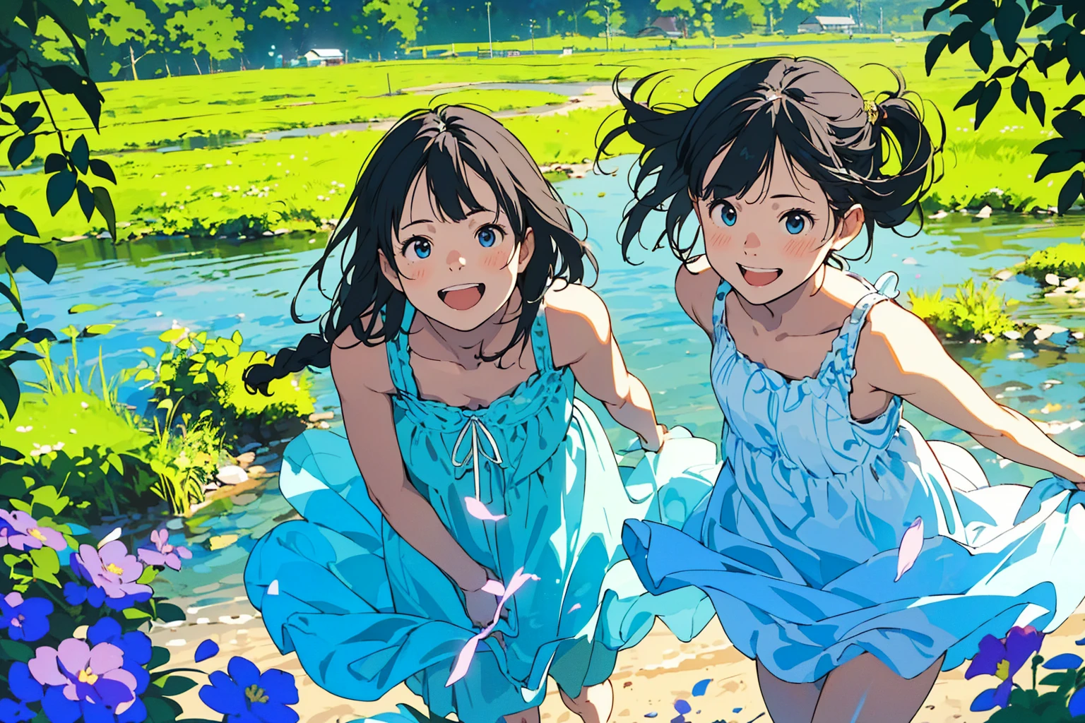 Reasonable design, Clear lines, High Sharpness, (Highest quality,8K,Perfect sharpness,Ultra fine,High resolution,masterpiece:1.2), Perfect Anatomy:1.5, Official Art, Illustrations that tell a story, (Whitish background:0. 9)、Body Positivity、多Mr.な身体表現、(Random and energetic poses)、Perfect beauty、Perfect beautiful face、Strong winds、A rich expression、Dynamic composition、smile、Golden ratio composition、colorful、((Mr.々Different angles and perspectives))、Anime Art、(Mini dress)、(Overcoming stereotypes)、 Glowing Skin、(Natural beauty)、smile、Bangs、(Soft and flowing hair)、(countryside)、(Nostalgic atmosphere)、Put up to your feet、(Playful and carefree)、(多Mr.な民族のキャラクター)、(innocent attitude)、(Sunny atmosphere)、(The skirt flutters wildly in the wind)、(Bright colors)、Beautiful Eyes、(Embarrassing)、Braided Hair、Summer Scene、Smiling among flowers、Angle from above、