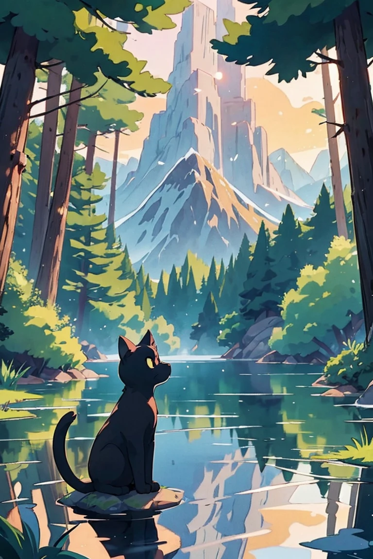 Mountain Lake Reflection (Ghibli Style): Visualize a black cat sitting beside a tranquil Ghibli-inspired mountain lake, surrounded by towering pine trees. The water reflects the colors of the sunset, creating a serene and picturesque scene.