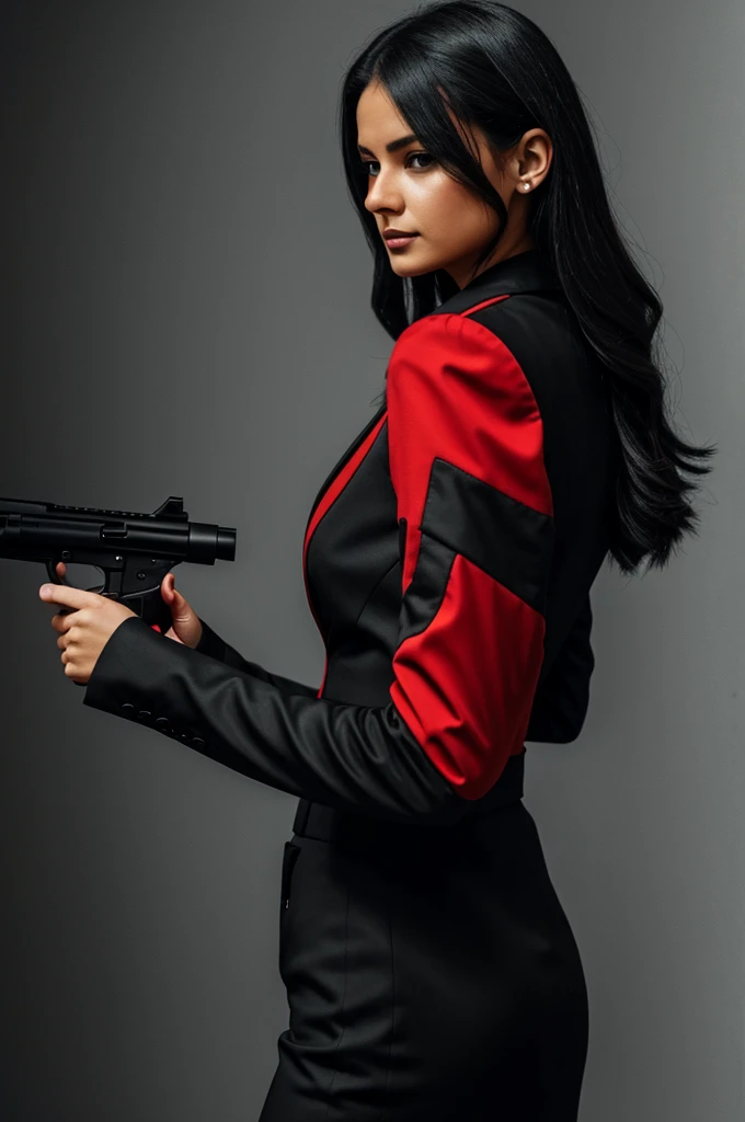 A woman in a black and red outfit holding a gun