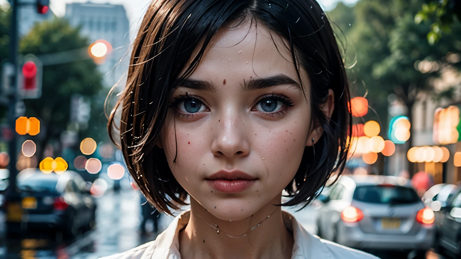 35mm film, solo, bob cut, makeup, blue eyes, , (formal shirt) (skirt) (((rain))) ((street)) (((blood))) upper body, epiCPhoto,focus on face, close to viewer, intricate lines, intriguing atmosphere, sharp magnificent details, delicate features, elaborate details, beautiful girl, black hair, (short hair) 1girl ((upper body)) (Acne), ((beautiful lighting)) wet hair, wet girl  