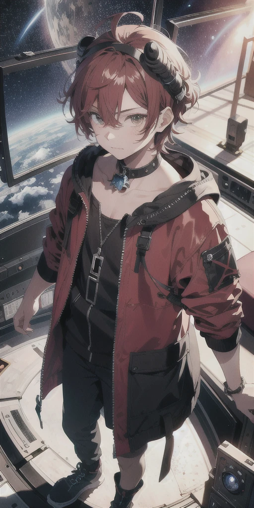 ridiculous resolution, high resolution, (masterpiece:1.4), super detailed, 1boy, seen from above, space, floating, --v 6 , cielo rojo