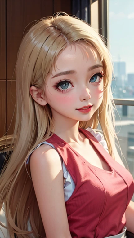 blush a little and smile, (Top quality masterpiece:1.2) Delicate illustrations, Very detailed, /Beautiful Japanese Women、1 person,Very cute and slim、Great style 、((8K images、super high quality))、Very delicate face, Skin and Hair、beautifule forehead、Red lipstick、(((((Mid-length hair、Blonde))))),Very cute Japanese cut face、Eyes and nose are clearly visible、Kind eyes,((((Sleeveless fashion))))