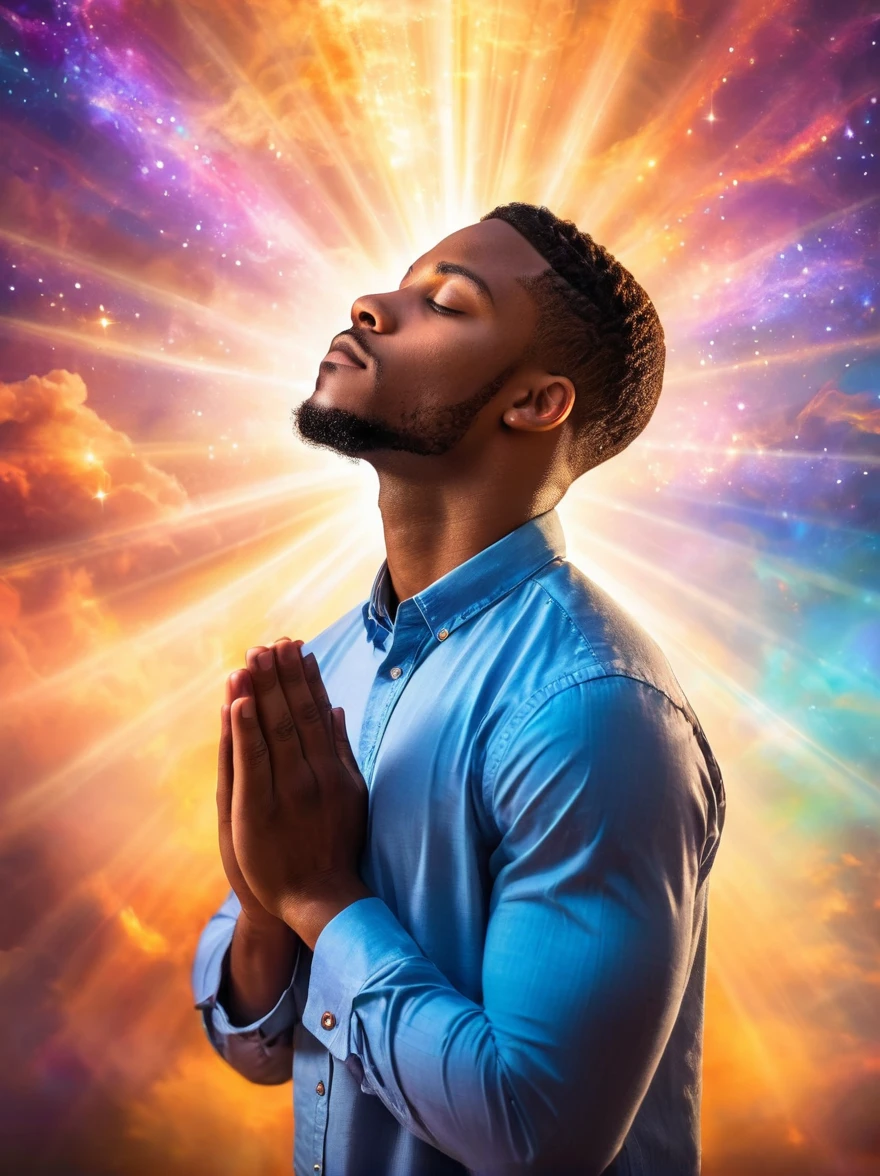 Handsome young African american man praying. Unique prayer concept with a fantasy vibrant ethereal colorful approach. Conceptual image of prayer and thankfulness. With copy space. Glowing light of god