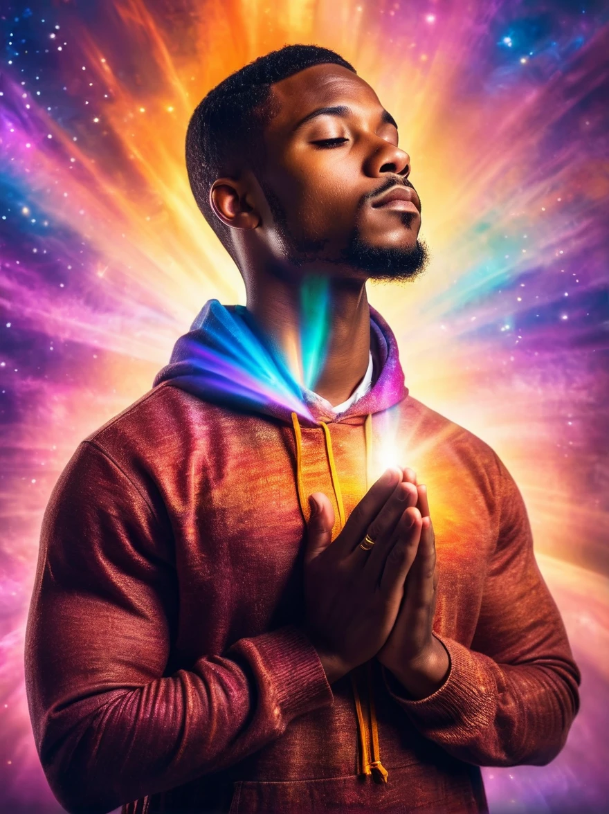 Handsome young African american man praying. Unique prayer concept with a fantasy vibrant ethereal colorful approach. Conceptual image of prayer and thankfulness. With copy space. Glowing light of god