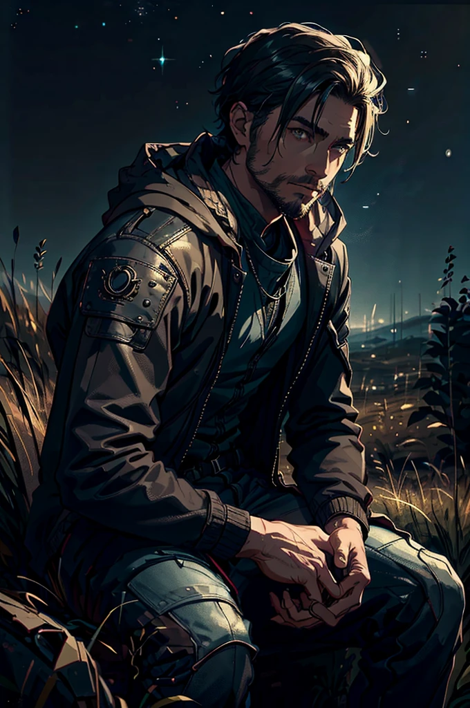 A man sitting in a field gazing at the night sky, detailed portrait, detailed facial features, detailed skin texture, detailed clothing, detailed background, dramatic lighting, cinematic composition, vibrant colors, moody atmosphere, photorealistic, 8k, highly detailed, masterpiece