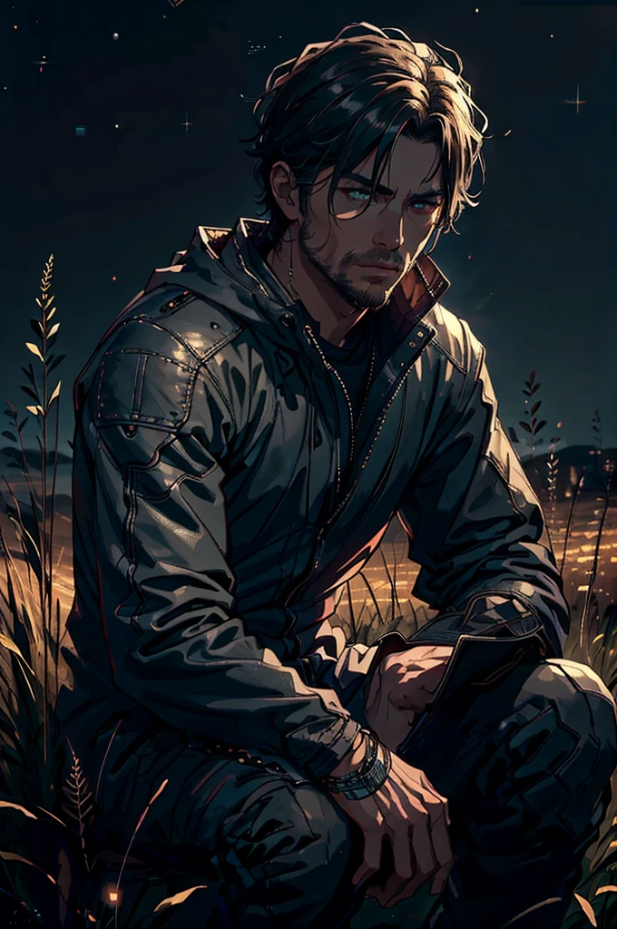 A man sitting in a field gazing at the night sky, detailed portrait, detailed facial features, detailed skin texture, detailed clothing, detailed background, dramatic lighting, cinematic composition, vibrant colors, moody atmosphere, photorealistic, 8k, highly detailed, masterpiece