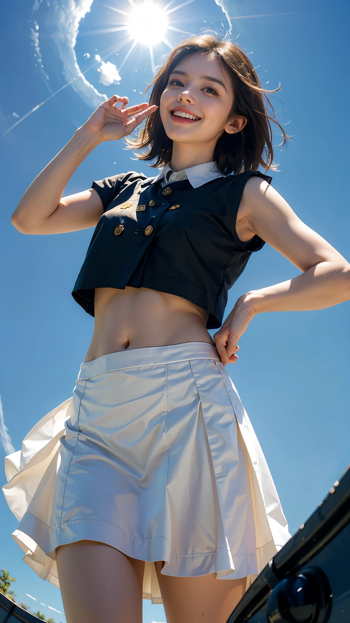 Highest quality, masterpiece, Ultra-high resolution,8K, (Realistic:1.6), (Selfie portrait) RAW Photos, 1 Girl,(Full of smiles, Showing teeth)), 22 years old,((Belly button fashion)),((Long skirt uniform)),((short hair)),((Looking up at the audience)),Face Focus:1.4,((Photographed from below with a fisheye lens:1.2)),((Background of the sun shining in the blue sky)), ((Beautiful Leg Line)),((Smiling with teeth showing)),