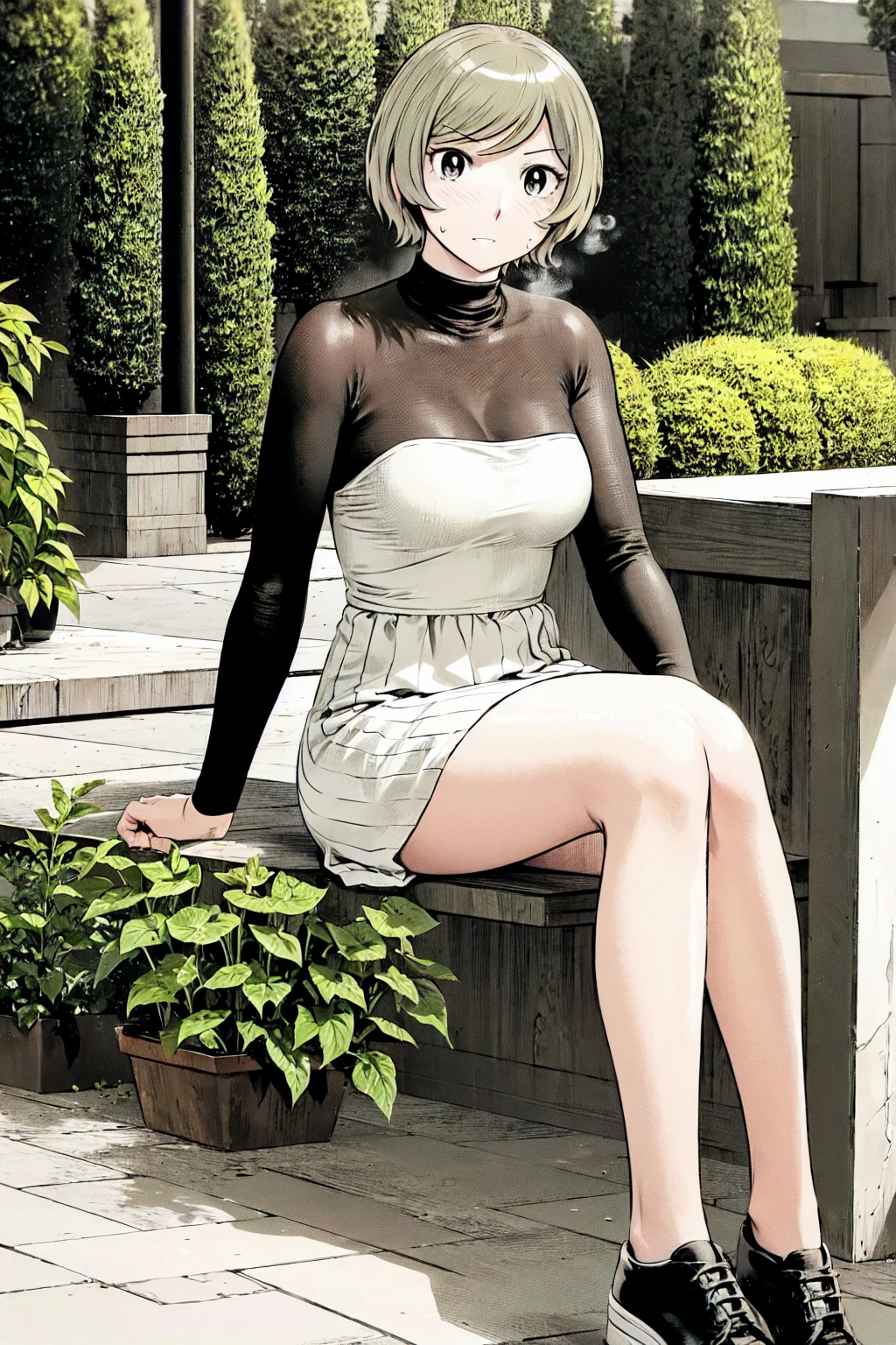 、(masterpiece、Highest quality)、Highest quality, Ultra-high resolution, (((masterpiece))), alone, Sweat、Big eyes, No sleeve、Outdoor、Floral dress、Composition from the front、(Cut the back hair short、short hair、blonde、woman)、Shortcuts、Embarrassed face、Cut your hair short、可愛いwomanの子、Big Breasts、NSFW