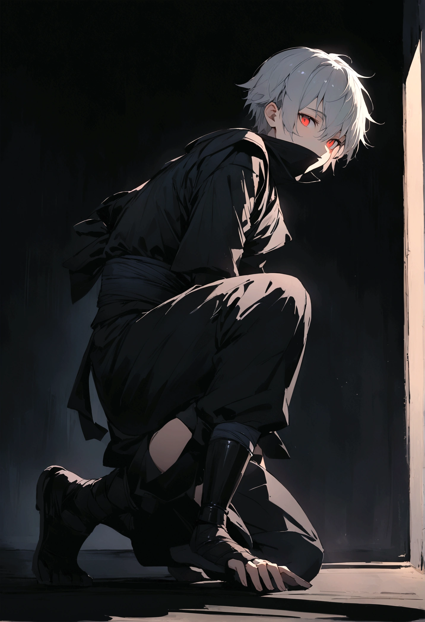 1 boy, 16 yrs old, short white hair, black blindfold with white details, black long sleeve shirt, white pants with a black drawstring, black shoe,