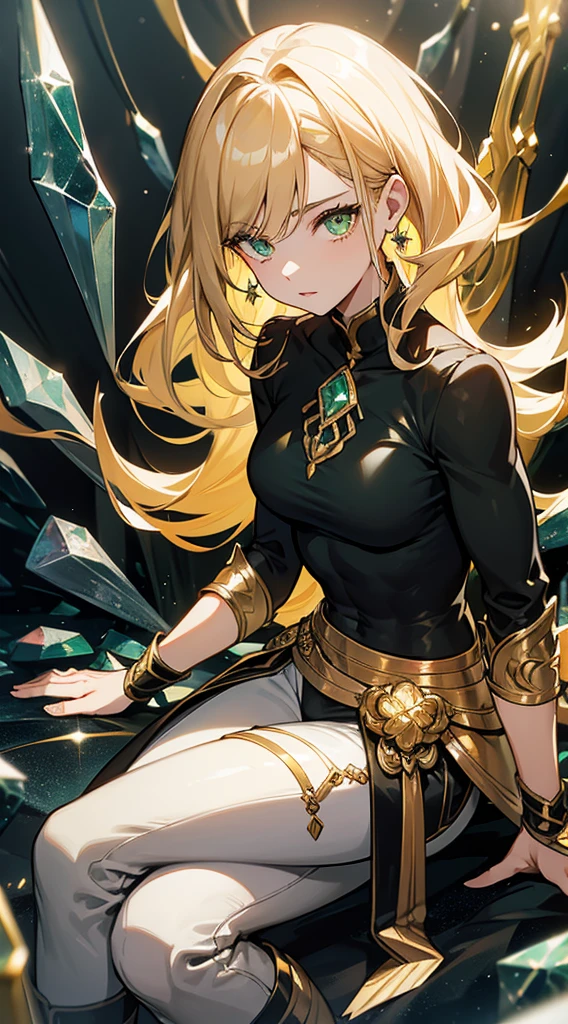 beautiful woman, golden hair, long hair, ((crew cut: 1)), green eyes, fair skin, ((muscular: 1)), woman, 28 years old, sitting, black shirt with gold details, wide black pants, boots black, crystals, several crystals, crystal powers, crystals in the background.
