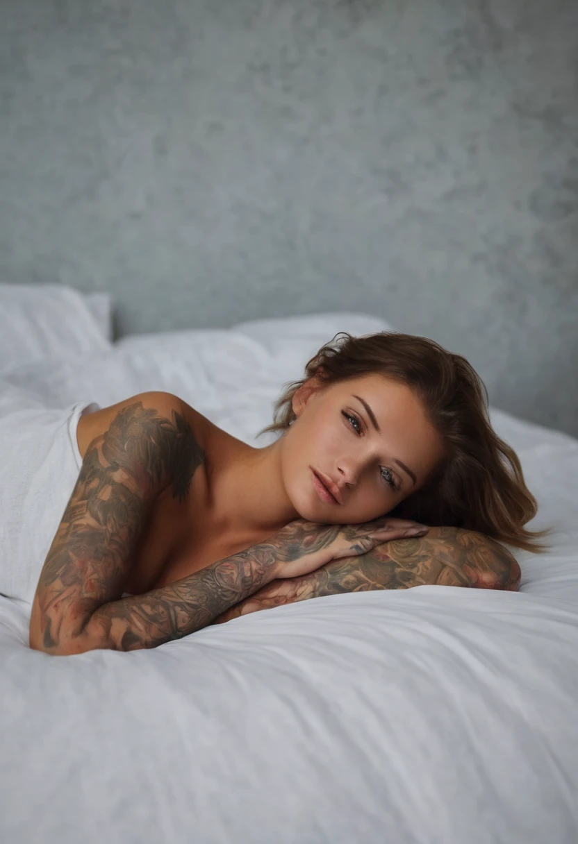 Laurence draped in just a delicate sheet, lying on a plush bed, her tattoos peeking out seductively, with a soft focus creating an intimate, romantic atmosphere.