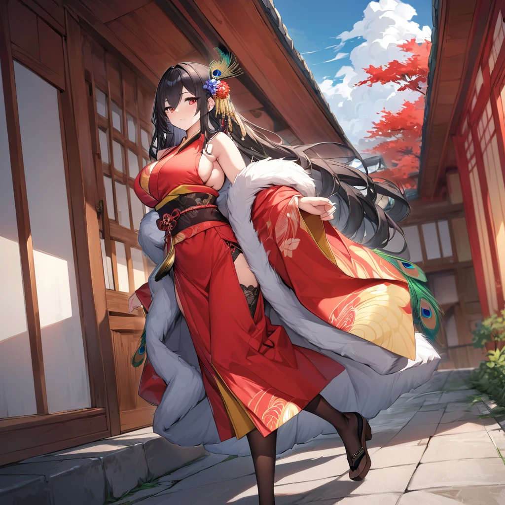 A woman wearing a red kimono with yellow details on long sleeves, peacock designs on the kimono, peacock feathers on the kimono, long brown stockings, black hair, long hair, golden peacock feather in her hair, red eyes, close view,blue sky with clouds., walking on a concrete sidewalk of a Japanese garden, with peacocks around, white fur cape, big breasts,(solo woman),.HDR, ultra resolution, well defined, masterpiece, 8K HD. (solo woman)

