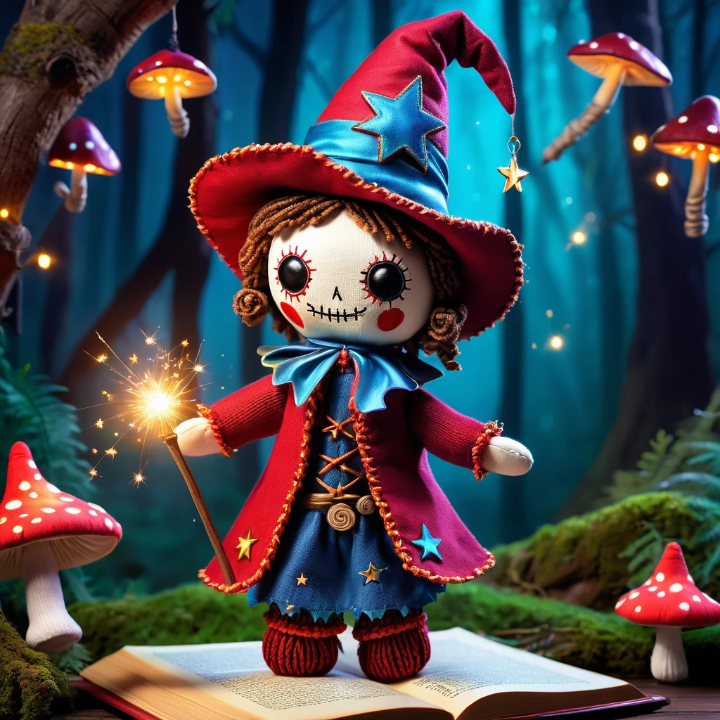 (knitted toy voodoo doll:1.7), (Voodoo Playful Wizard:1.5), (Clothing: wizard robe with funny star patterns:1.0), (Accessories: glowing wand, magical spell book, enchanted pointed hat:1.2), (Background: whimsical magical forest with colorful mushrooms, sparkling fireflies, and joyful fairies:1.2), (full body:1.0), best quality, masterpiece, detailed soft oil painting, detailed background, dramatic cinematic lighting, soft edge lighting, professional, dramatic lighting, hard edge lighting, ultra quality, 4k,masterpiece, best quality, 8k, ultra highres, highres, extremely detailed