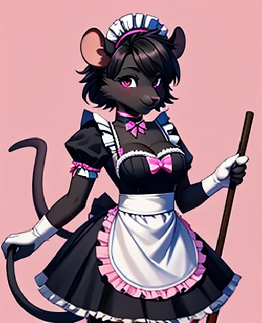 Anthro, black rat girl, in black maid outfit, white gloves, medium breasts, hot pink backGround, black body, pink rat tail, with feather duster, showing cleavage, 