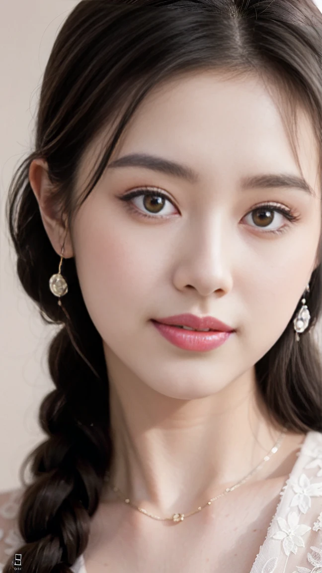 8K, super high quality, ((More than half of people move away from the center of the screen)), Beautiful chestnut hair ((Upper thigh area)), Looking at the audience, photo Practical, Highly detailed beautiful face and eyes, (Close-up hairstyle), (5 fingers), (Wearing a brown dress), (White marble background), Pretty Face, Top quality, Sweat Beauty, Very refined, Full of smiles, Good shape, high quality, Practical, fantasy, Practical skin, Rich colors, Top quality, Very refined, HD original photos, Professional photographer, Solitary, Beautiful lips, Top quality, fantasy, Practical skin, Rich colors, 20 years old, HD original photos, photo Practical , Neck tilt