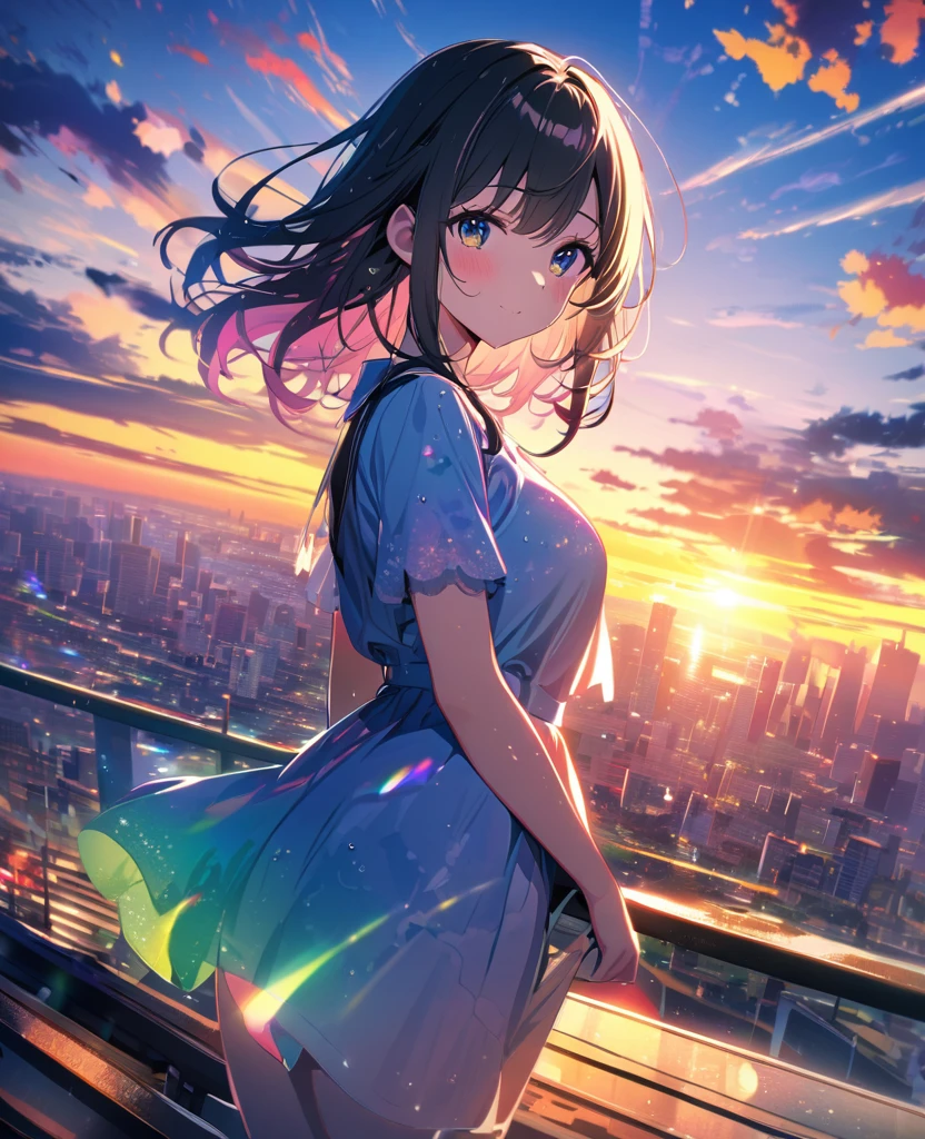 Angelic, One girl, sunrise, bright, after the rain, horizon, In the sky, city , Lens flare, colorful, High resolution, 8K