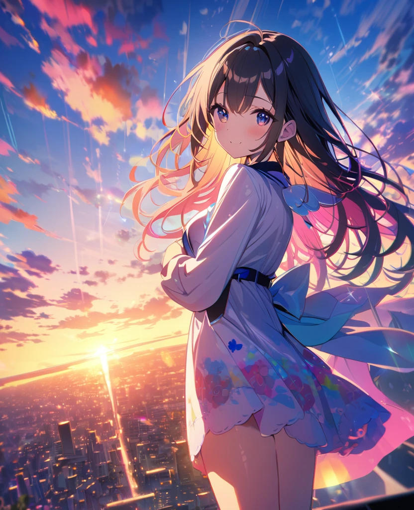 Angelic, One girl, sunrise, bright, after the rain, horizon, In the sky, city , Lens flare, colorful, High resolution, 8K