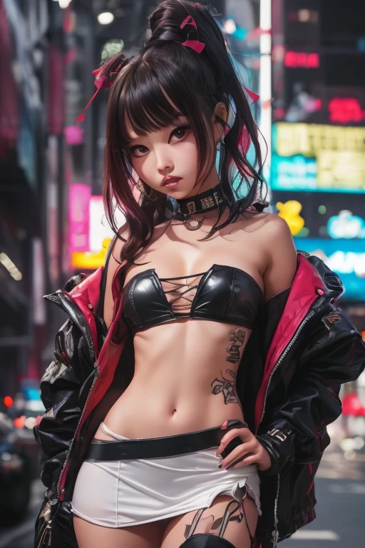 The character costume is KPOP, Hallyu, K-pop anime art style, Hallyu frontline style, Hallyu art style, kpop style, official artwork, Chibi art, Pisif, Blackpink style, cute. KPOP artwork in various poses, The popularity of Pisif art station, 16 year old chibi, No watermark, Extra close-fitting mini skirt, open jacket, extra short clear top Strapless, cleavage, style clothing cyberpunk, smallest short short, wide angle, short top, very short,