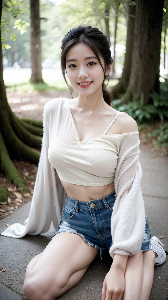 masterpiece, best quality, Surreal, Ultra Detailed, 8k resolution, RAW photos, Clear focus, (A girl in the forest),Asian woman in a blue top and white shorts posing for a photo,Breast augmentation, Full body posture, Solitary, Perfect body, Become a, 32 inches in the chest,(a charming smile:1), (sexy pose),26 years old, light,White shoes,Nozomi Takemura, Oka Yasumoto, Chiho, Ogata Aoi, Motto Cave, Yoshitomo Nara, Kakinuchi Megumi, Harumi, Kojima De Ami, Beichuan Marin