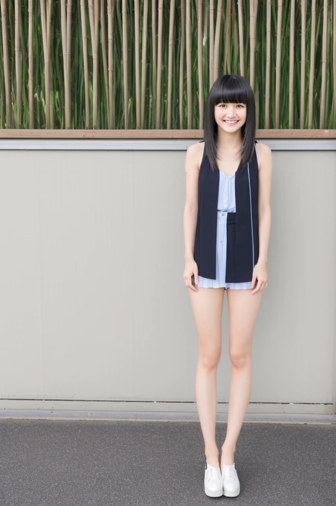 nsfw,One Woman、((Completely naked))、,((small breasts)),Highest quality、Very delicate and beautiful、((Very short bangs))、((Bangs))、Shiny black hair、Highest quality、Very delicate and beautiful、((Very short bangs))、((blunt bangs))、((long hair))、Cute face、Young face、Cute like an idol、Are thin、Slim figure、slender、Short、 body type、((The background is a Japanese townscape))、Thighs、Photographed from the front、The best smile、
