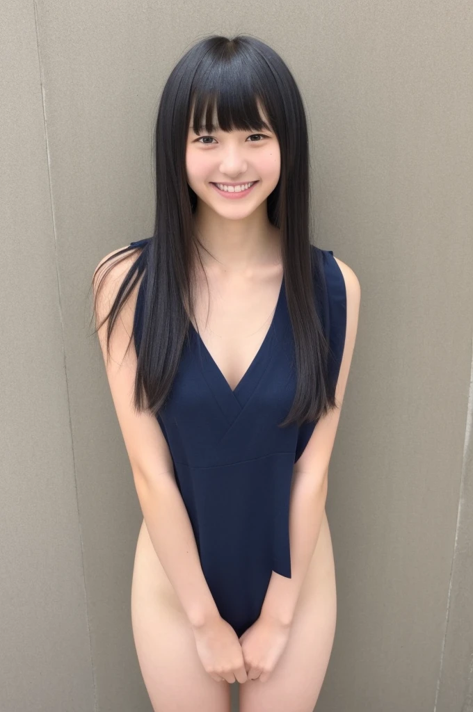 nsfw,One Woman、((Completely naked))、,((small breasts)),Highest quality、Very delicate and beautiful、((Very short bangs))、((Bangs))、Shiny black hair、Highest quality、Very delicate and beautiful、((Very short bangs))、((blunt bangs))、((long hair))、Cute face、Young face、Cute like an idol、Are thin、Slim figure、slender、Short、 body type、((The background is a Japanese townscape))、Thighs、Photographed from the front、The best smile、